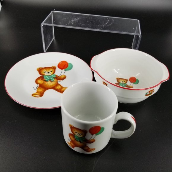 Vintage Reutter Child Kid Feeding Dish Set 3 Teddy Bears Red Porcelain Germany - Picture 2 of 12